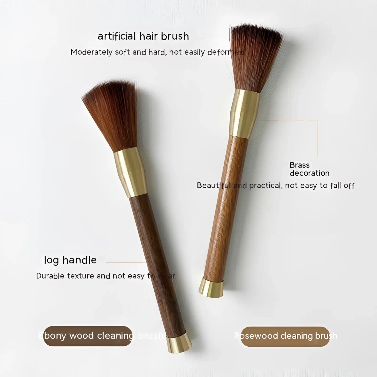 Two coffee grinder cleaning brushes with wooden log handles brass decorations labeled bony wood and rosewood wood brushes
