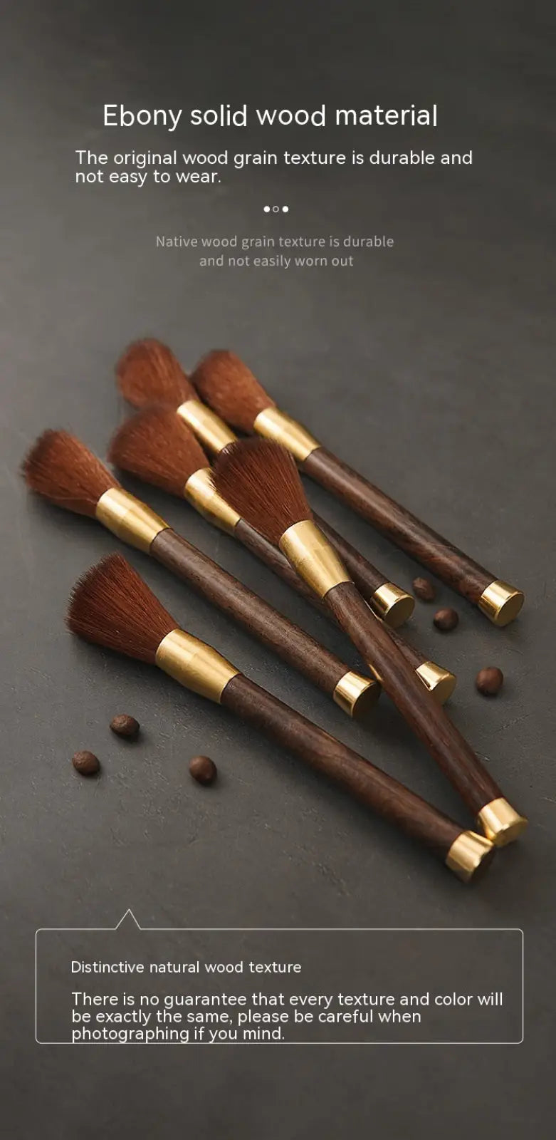 Ebony solid wood coffee grinder cleaning brushes with gold-toned metal accents and natural bristles 5 pack