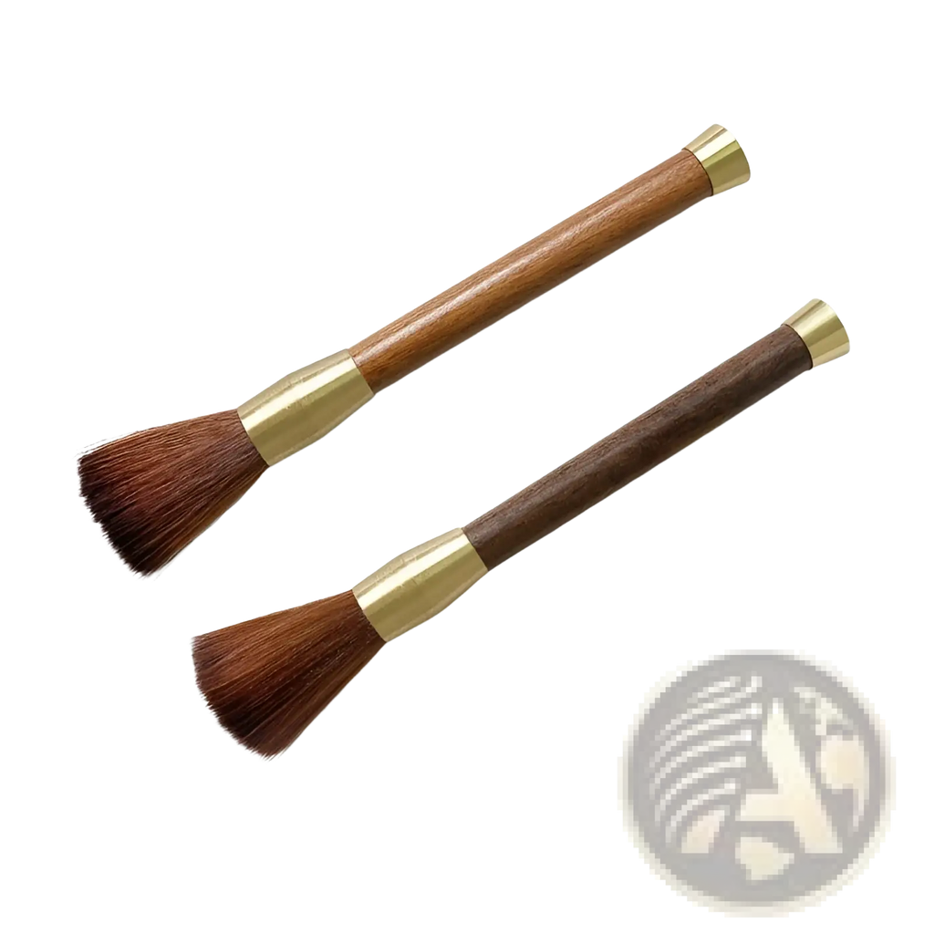 Two elegant wood and brass coffee grinder cleaning brushes with dense brown bristles in a 5 pack set