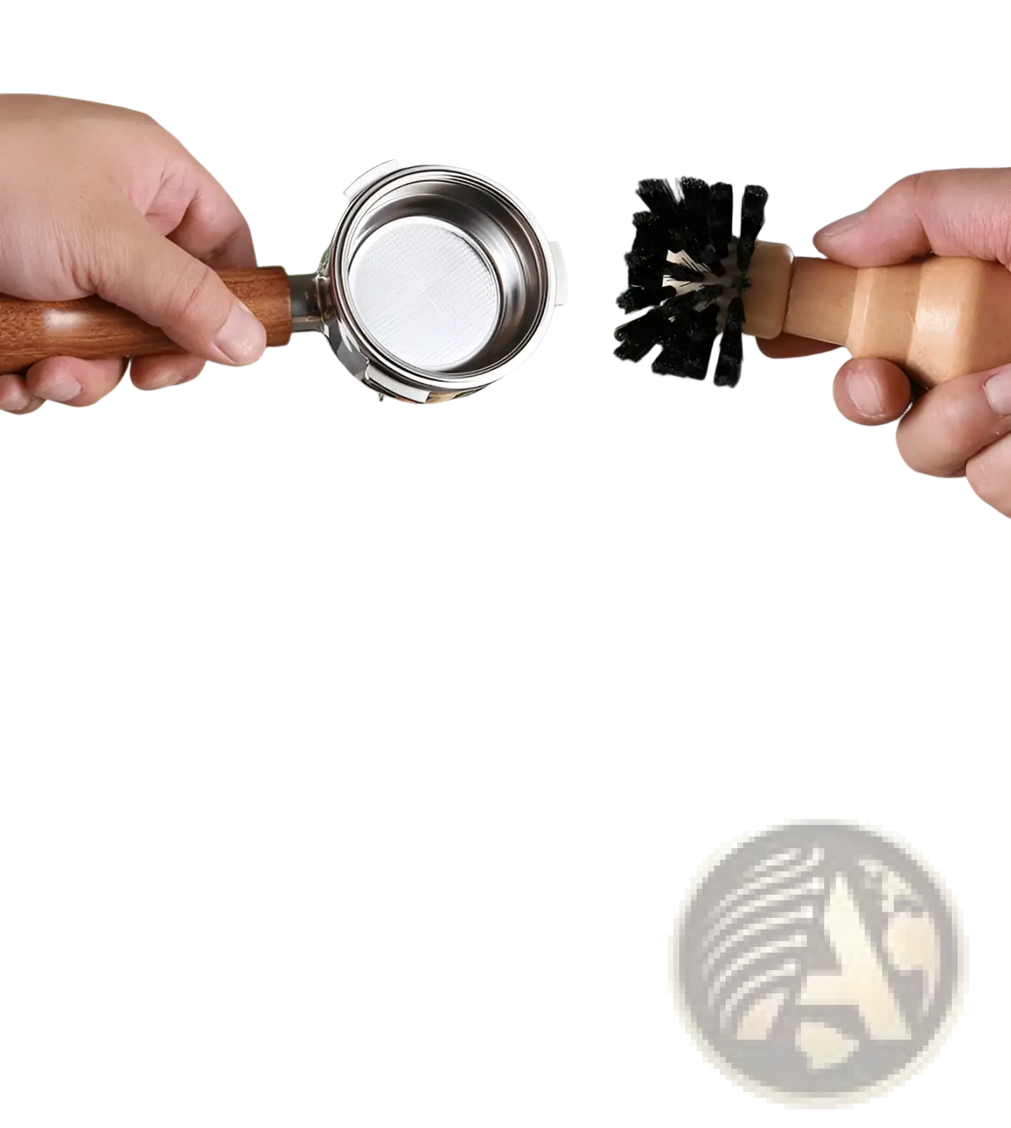 Wooden-handled espresso portafilter and matching wooden-handled brush with black bristles for coffee machine cleaning