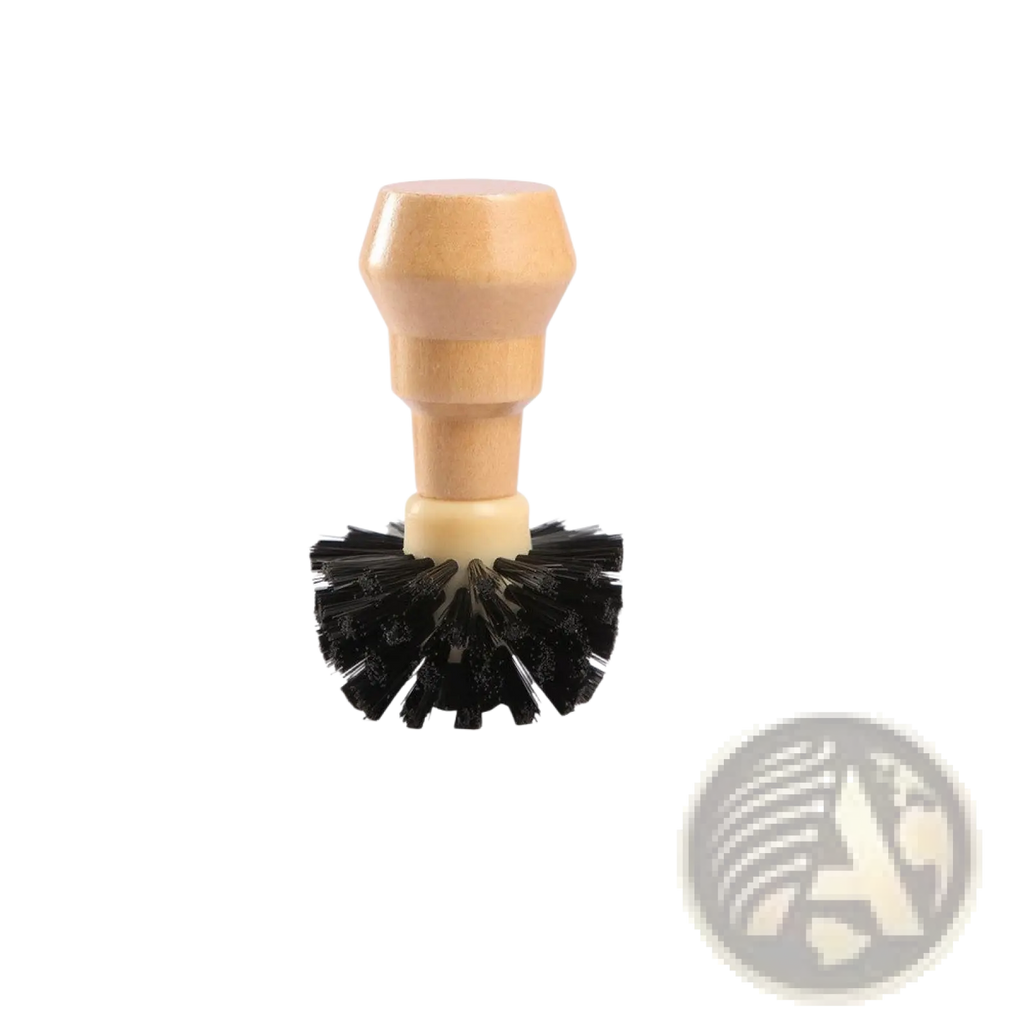 A wooden espresso cleaning brush with black dense bristles measuring 102mm by 61mm for coffee machines