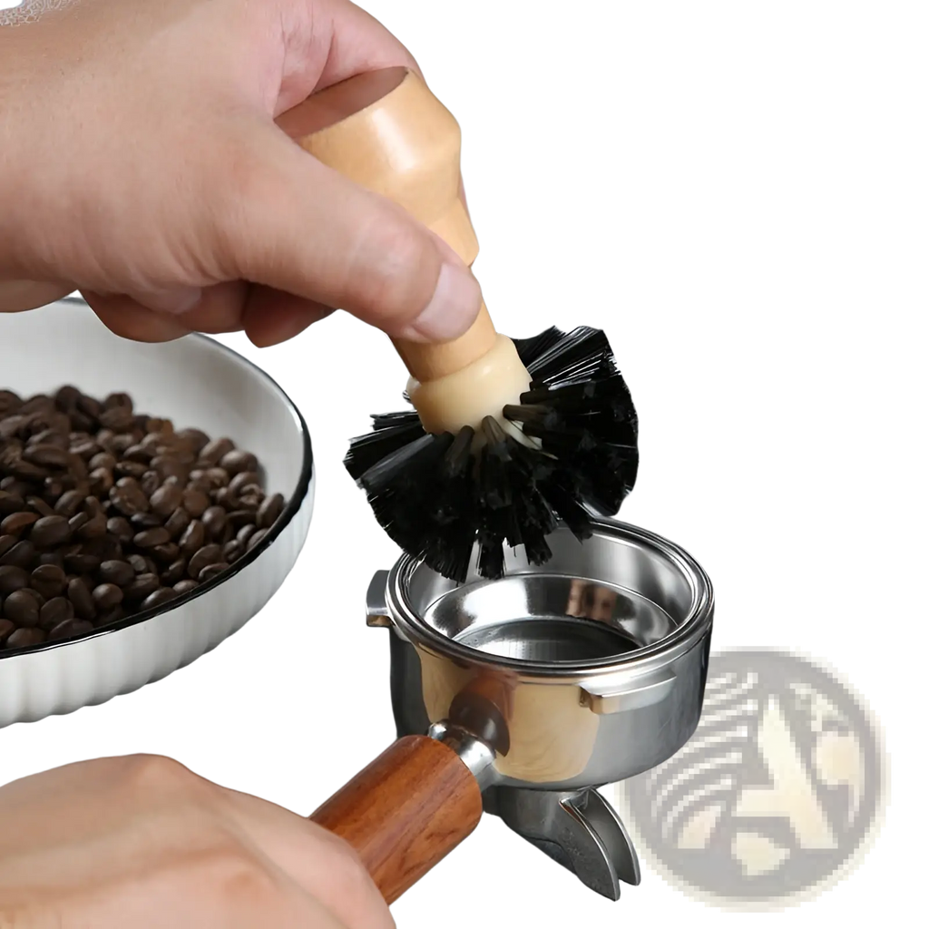 Wooden-handled coffee machine cleaning brush with dense black bristles designed for effective coffee equipment cleaning