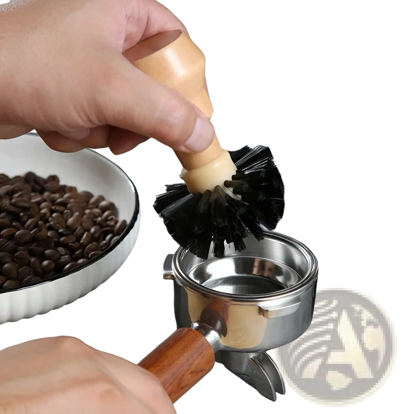 Wooden-handled coffee machine cleaning brush with dense black bristles designed for effective coffee equipment cleaning