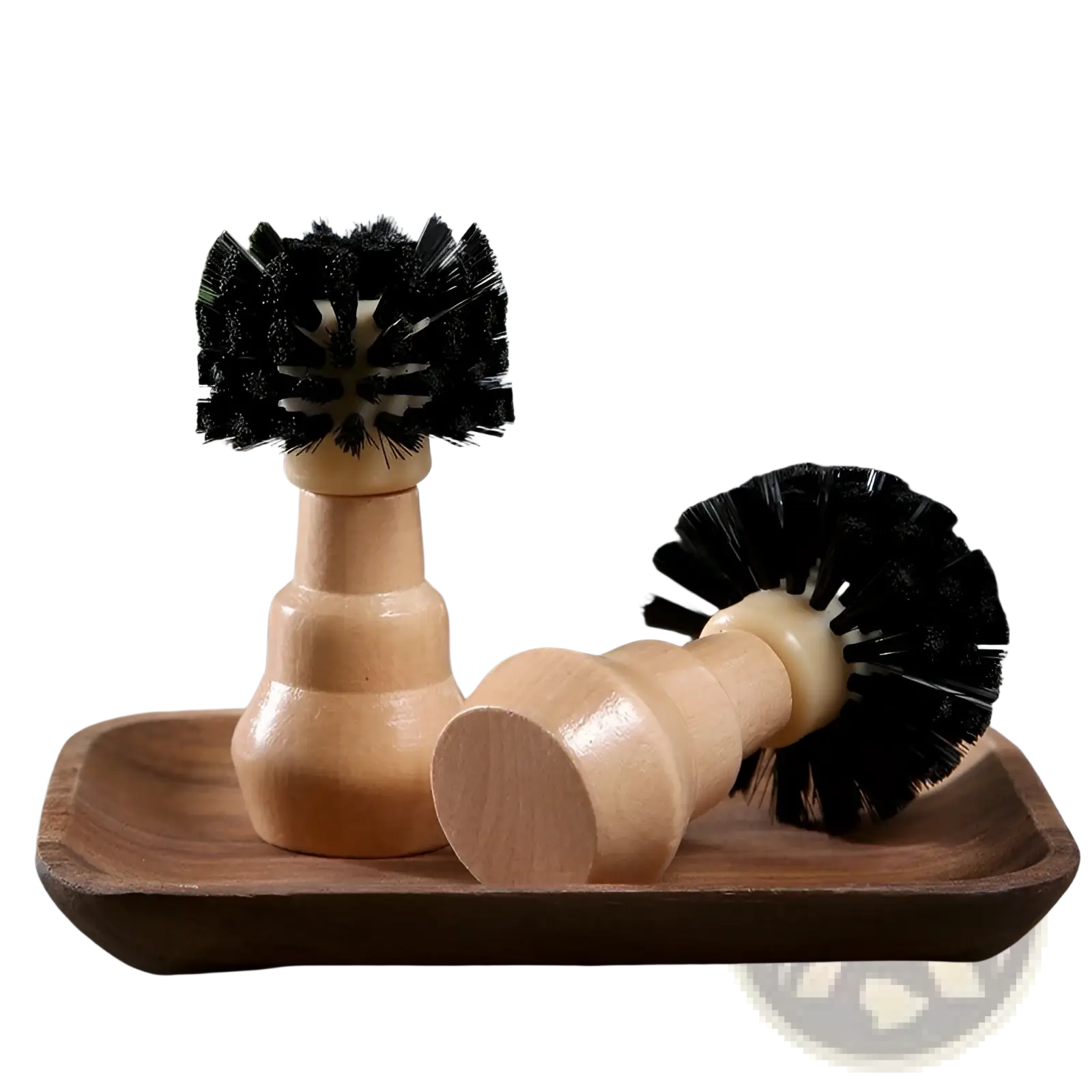 Two wooden-handled coffee machine cleaning brushes with dense black bristles one upright and one lying down