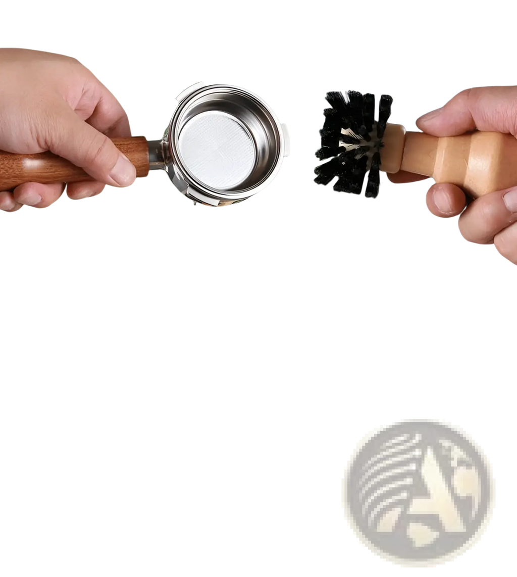 Coffee machine cleaning brush set with wooden handles featuring an espresso portafilter and black bristle brush
