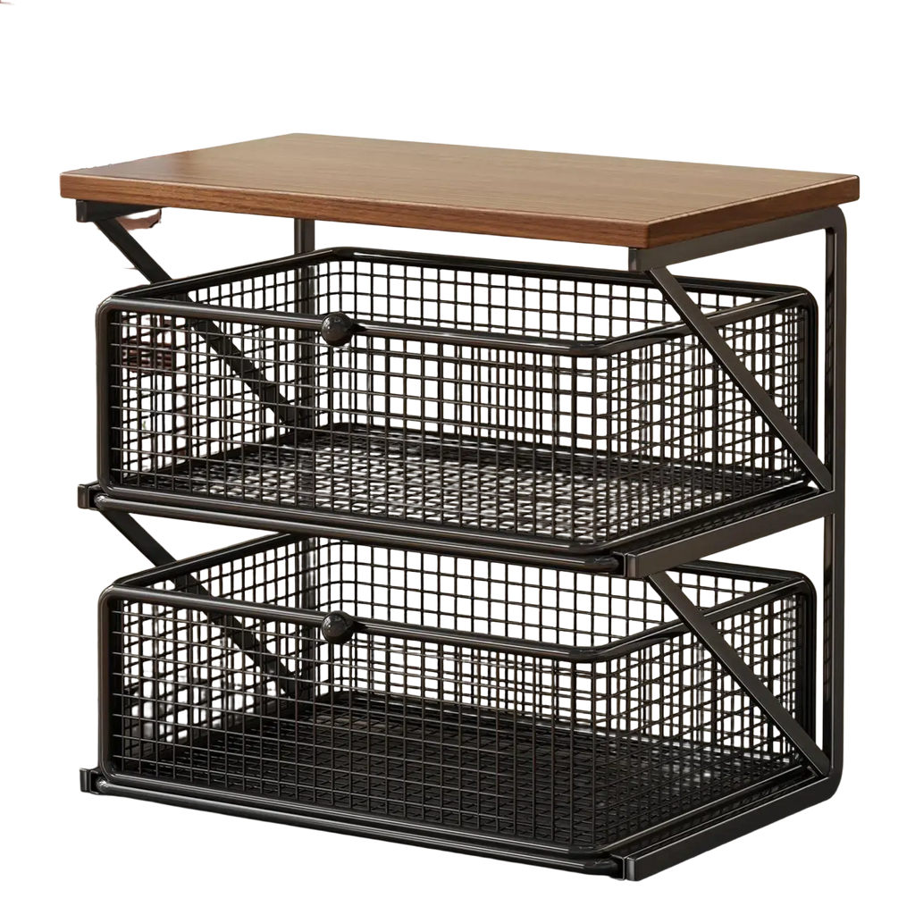 Black metal mesh coffee station organizer with three tiered wire baskets counter shelf and wooden top surface