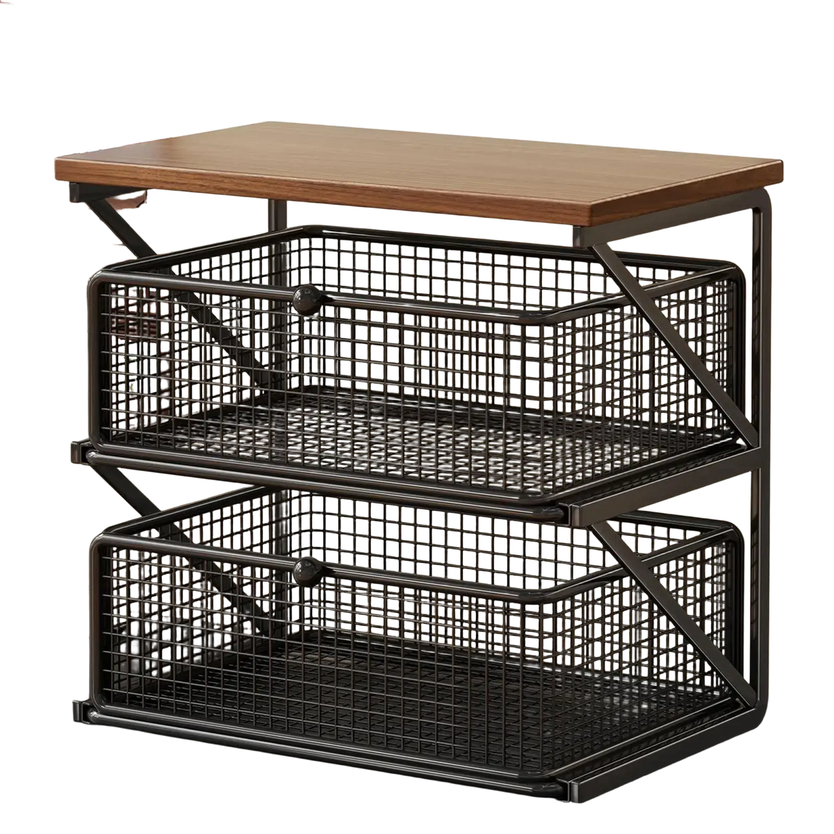 Black metal mesh coffee station organizer with three tiered wire baskets counter shelf and wooden top surface