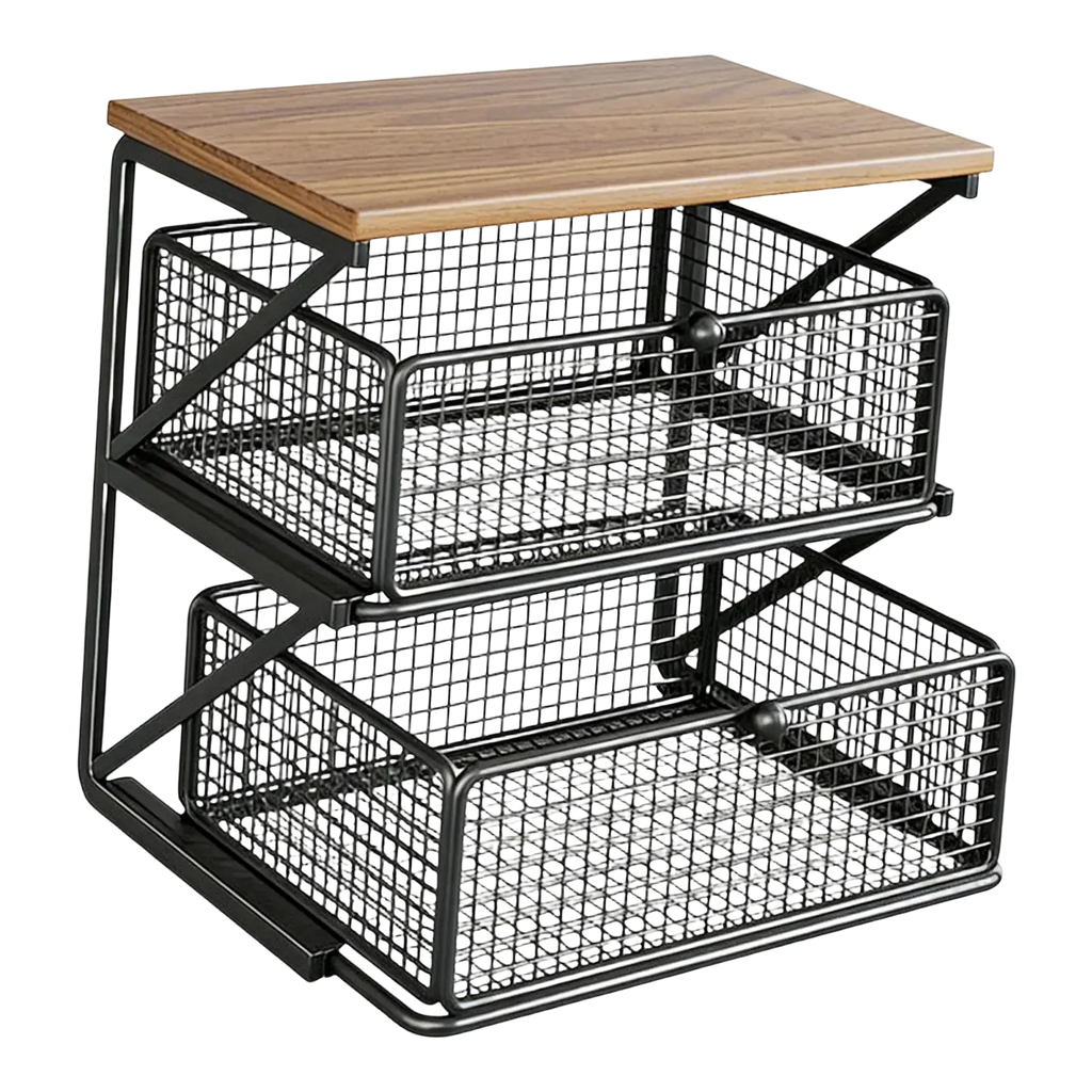 Black metal mesh drawer organizer with wooden top for coffee station organizer with counter shelf and drawer