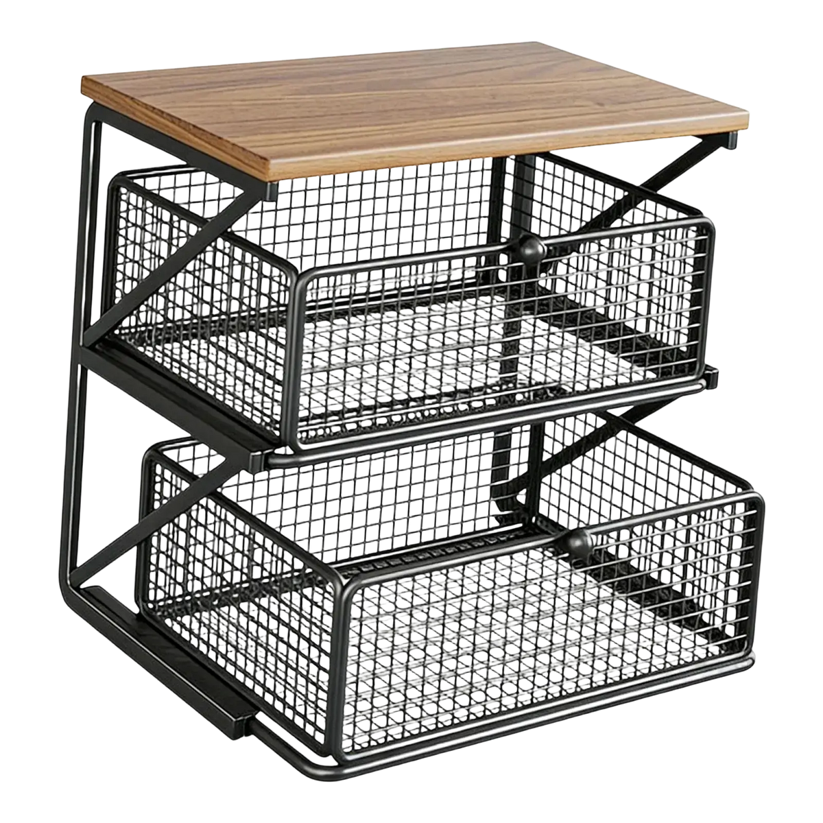 Black metal mesh drawer organizer with wooden top for coffee station organizer with counter shelf and drawer