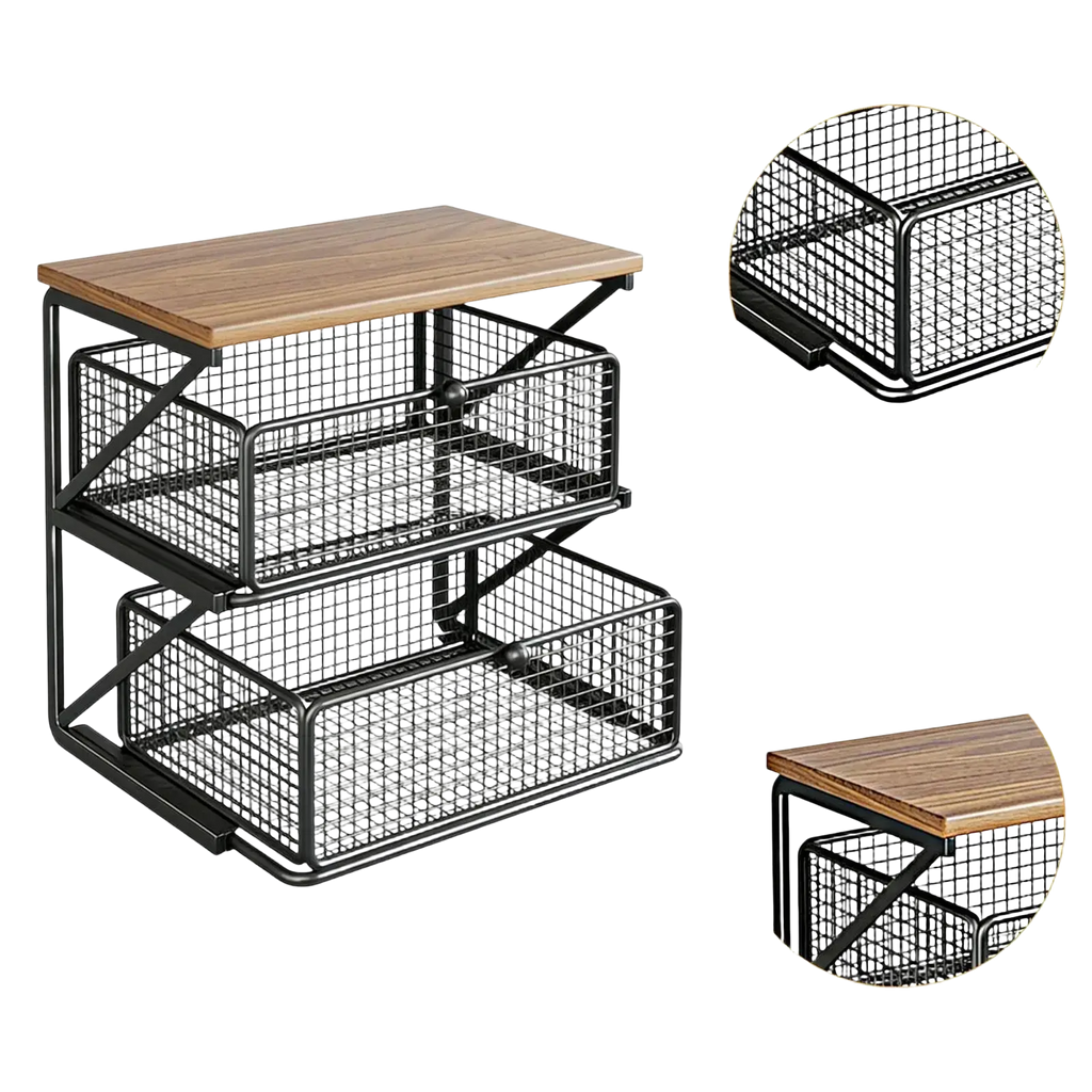 Black metal mesh two-tier drawer organizer with wooden top for coffee station organizer with counter shelf use