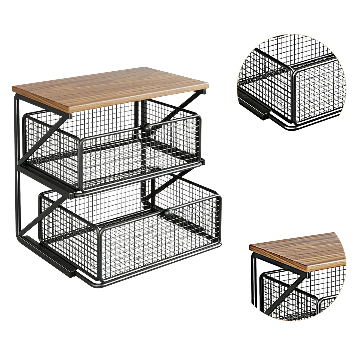 Black metal mesh two-tier drawer organizer with wooden top for coffee station organizer with counter shelf use