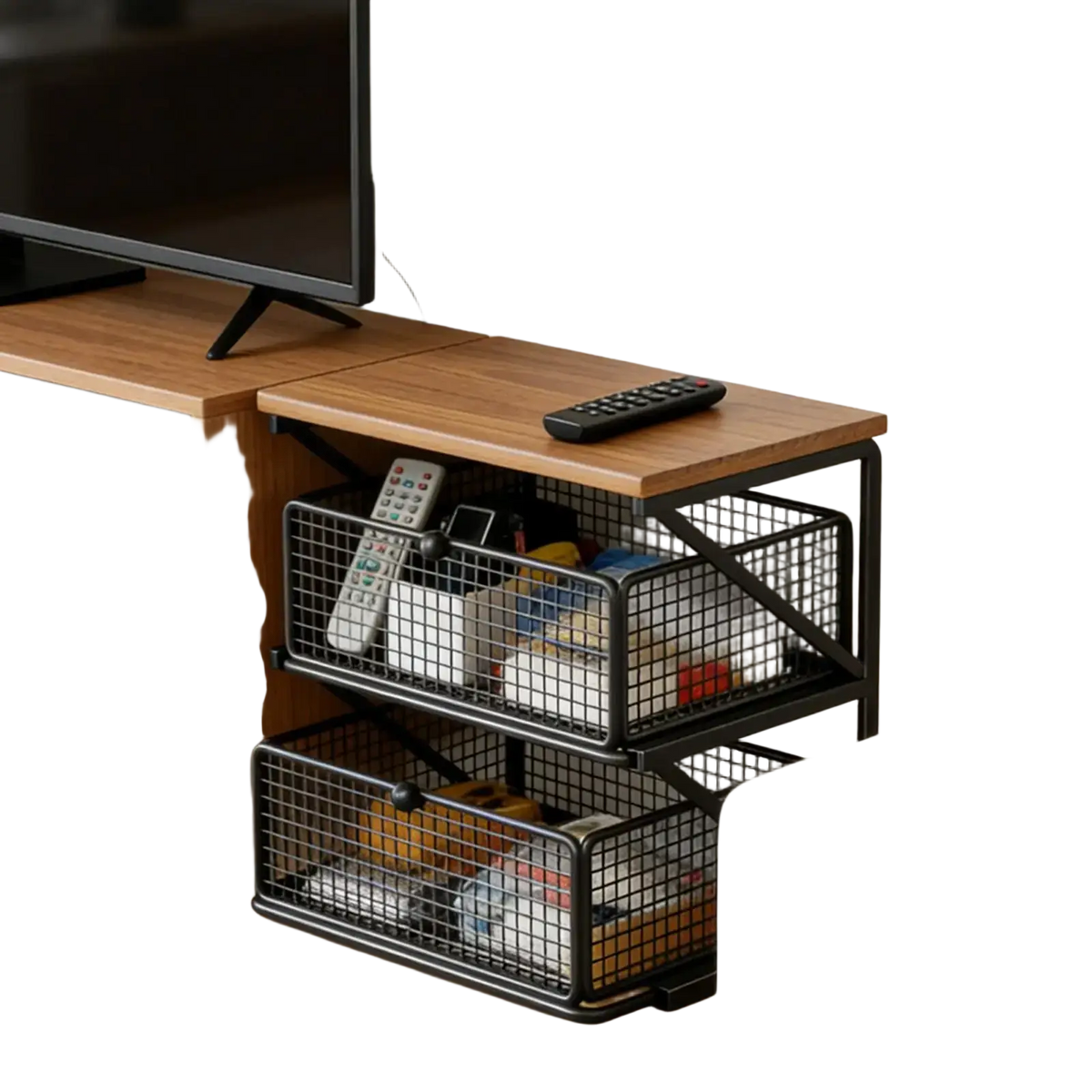 Black metal wire mesh coffee station organizer with two sliding drawers and wooden counter shelf top surface