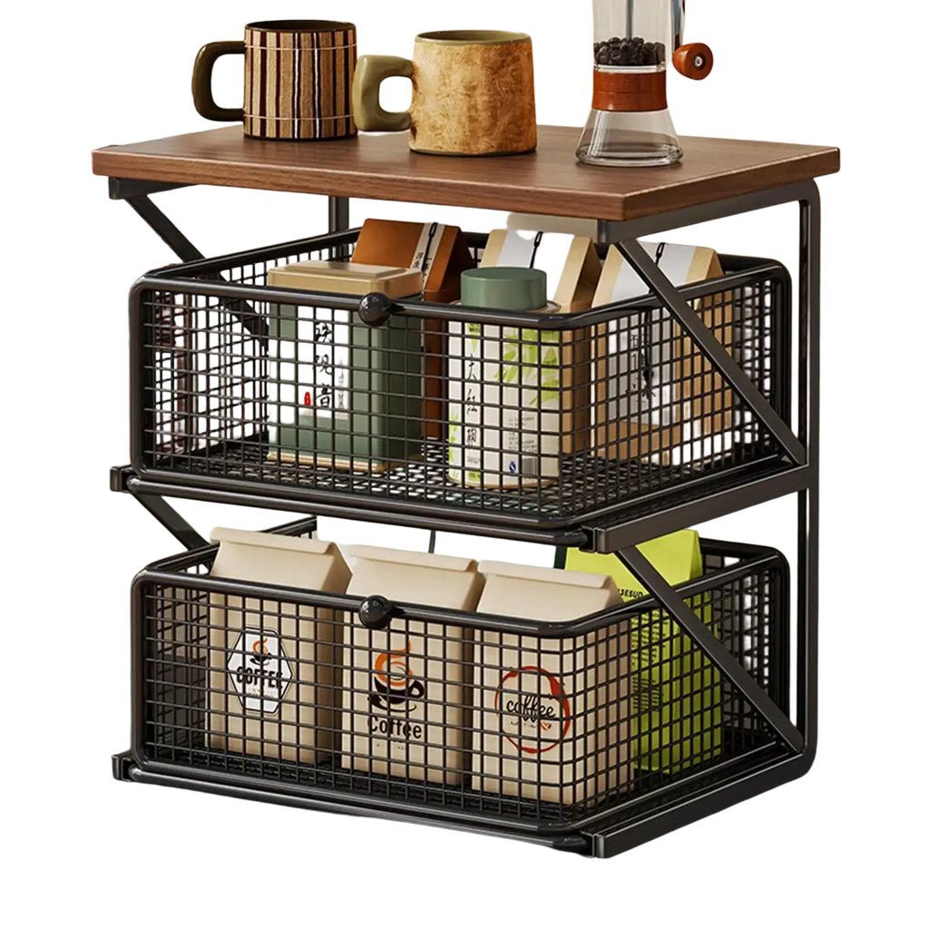 Black metal wire mesh two-tier storage rack with wooden top counter shelf for coffee station organizer use