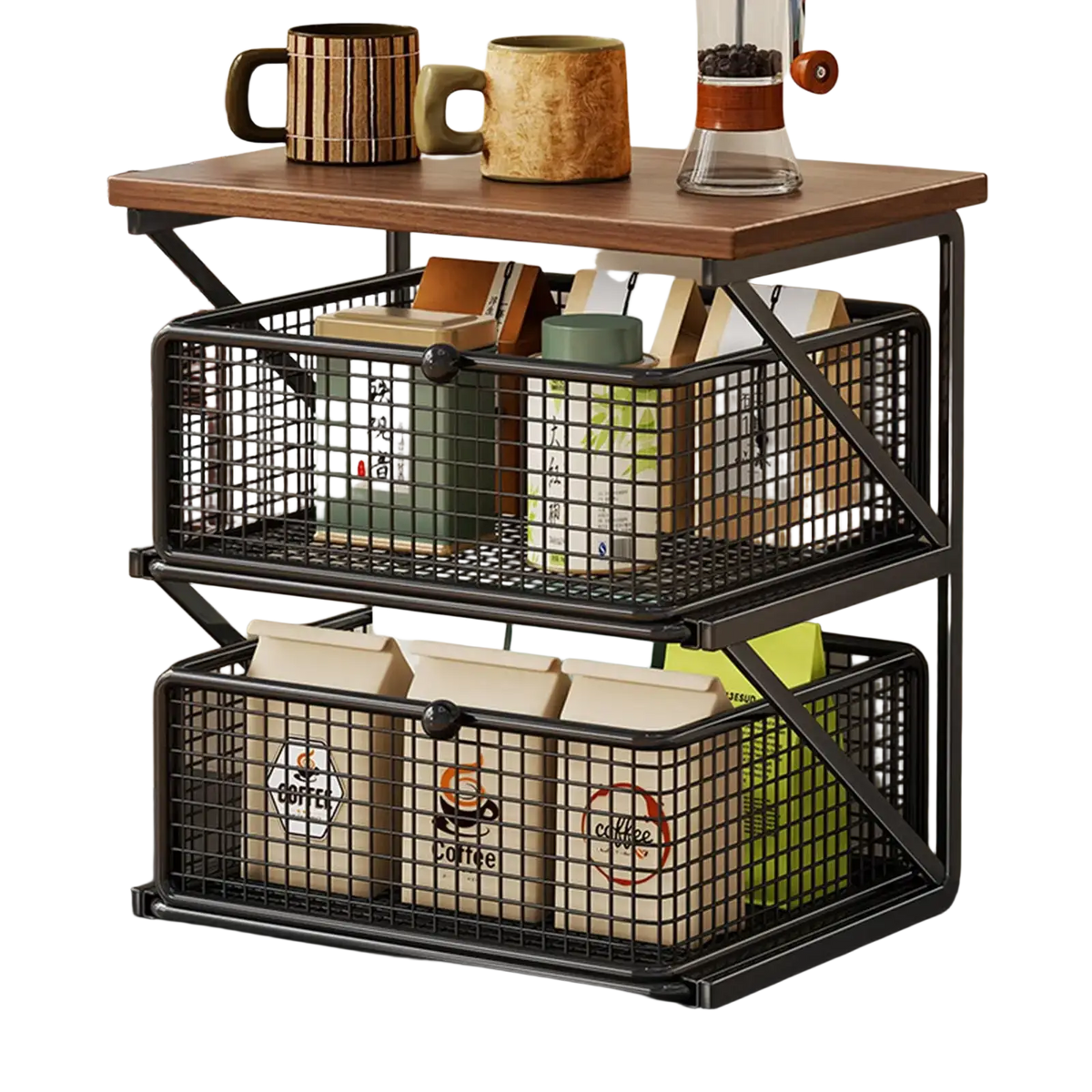 Black metal wire mesh two-tier storage rack with wooden top counter shelf for coffee station organizer use