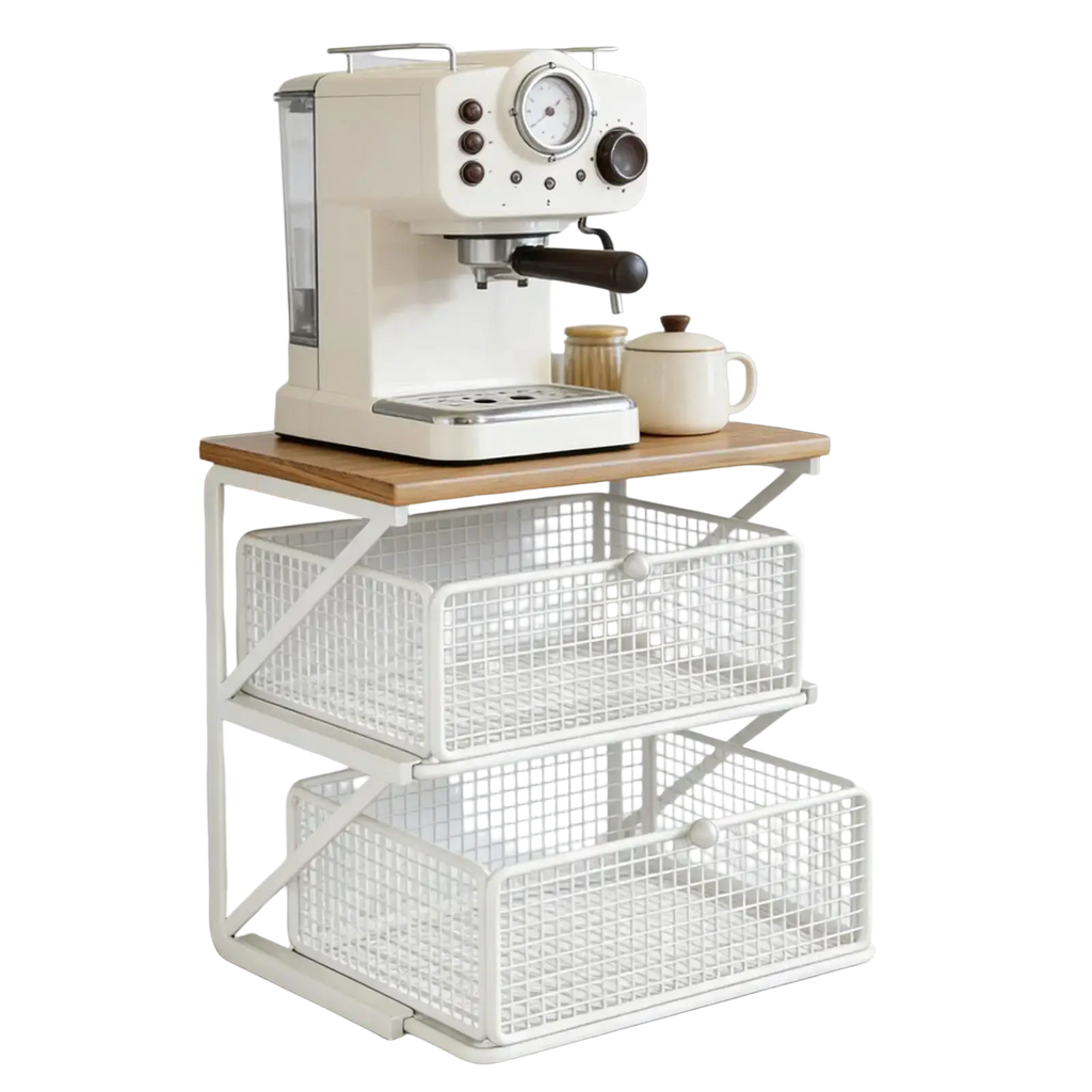 Cream-colored espresso machine with black handle and silver accents on white metal wire coffee station organizer with counter shelf