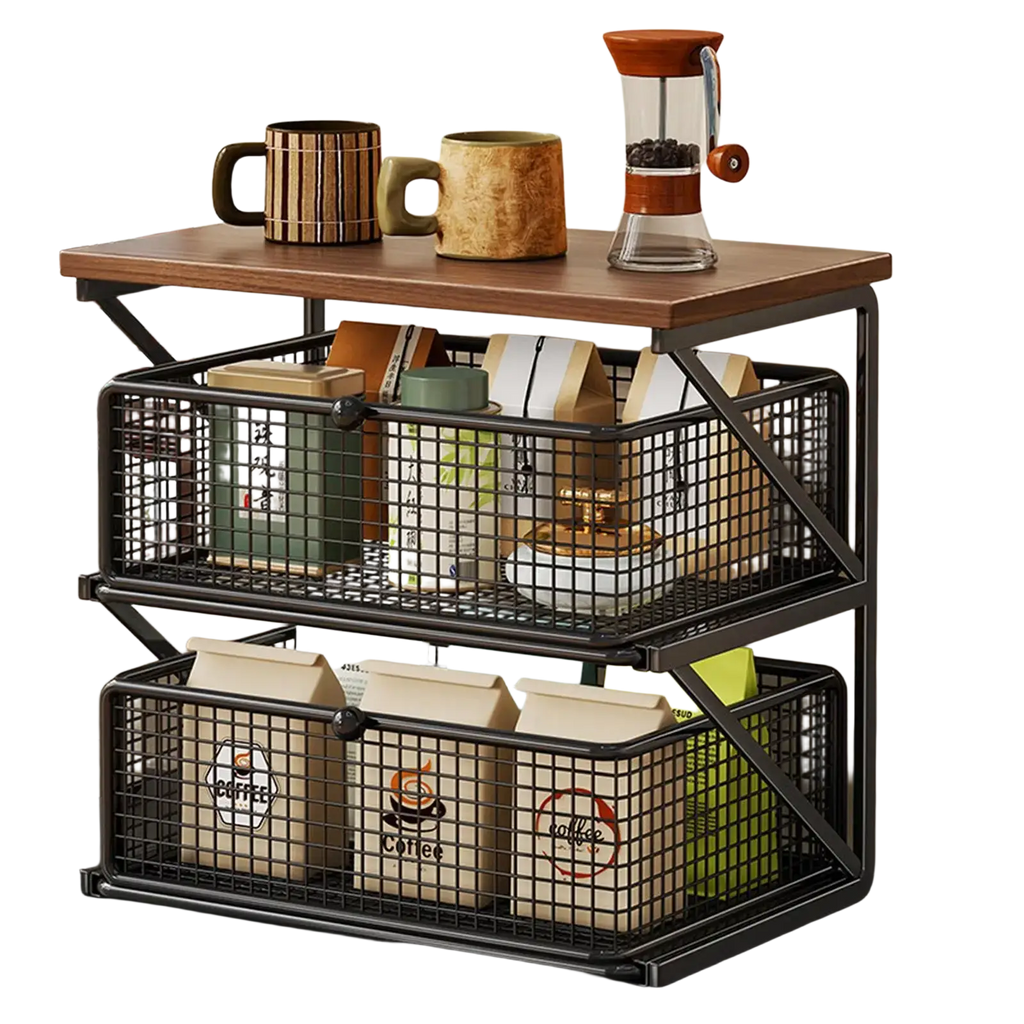 Two-tiered black metal wire coffee station organizer with wooden counter shelf and drawer for kitchen use