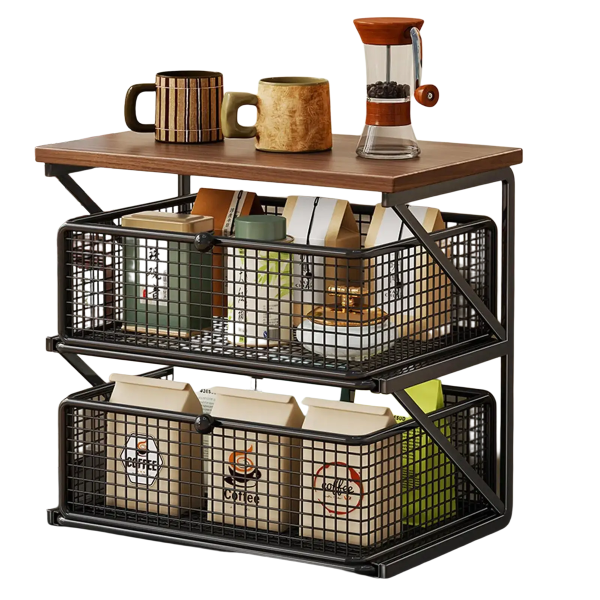 Two-tiered black metal wire coffee station organizer with wooden counter shelf and drawer for kitchen use