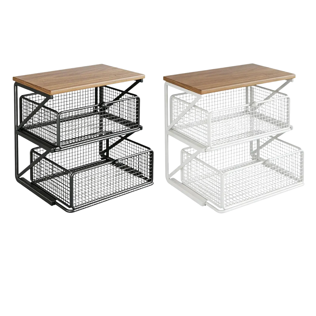 Two-tiered wire mesh coffee station organizer with wooden counter shelf and drawer in black and white colors