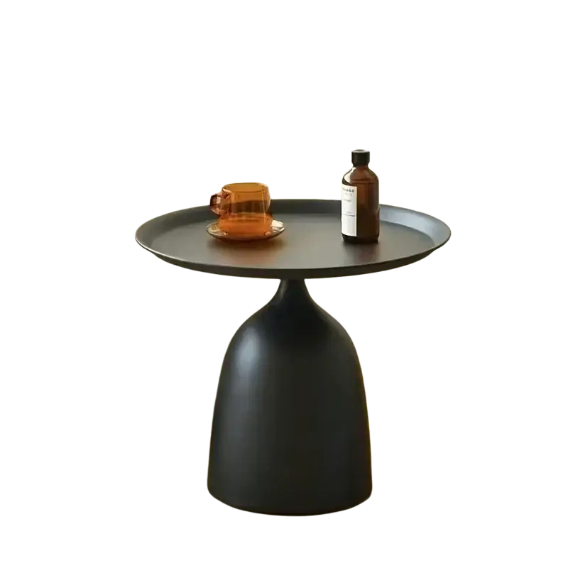 Black matte modern coffee table with bell-shaped base and round top for living room side use