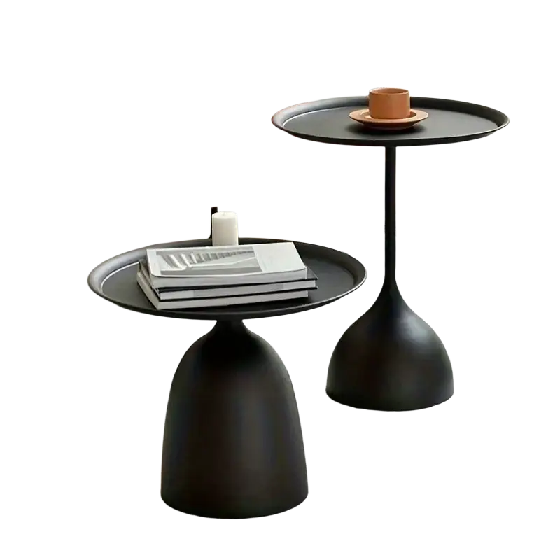 Black matte finished modern living room side tables with round tops and bell shaped bases for coffee table use