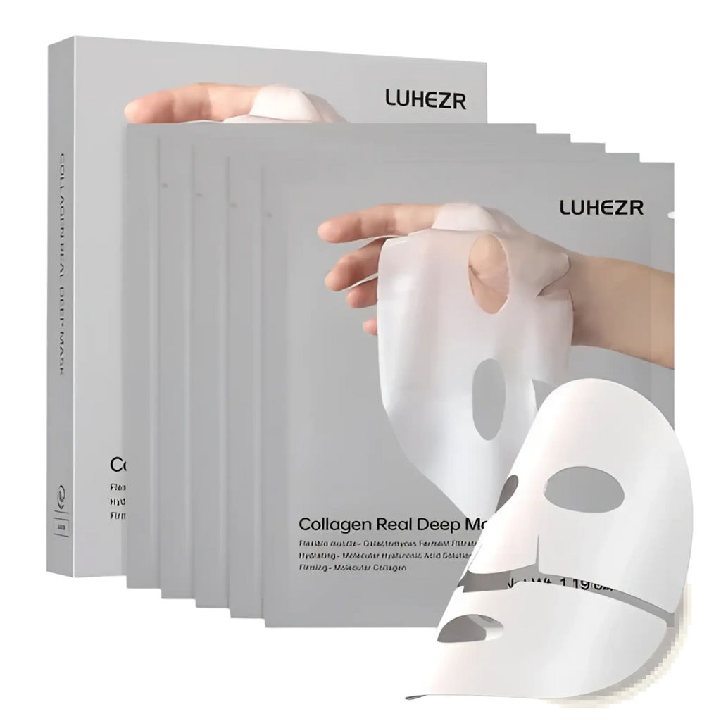 White collagen deep hydrating face mask sheets in sleek gray packaging with a single sheet for firmness and elasticity