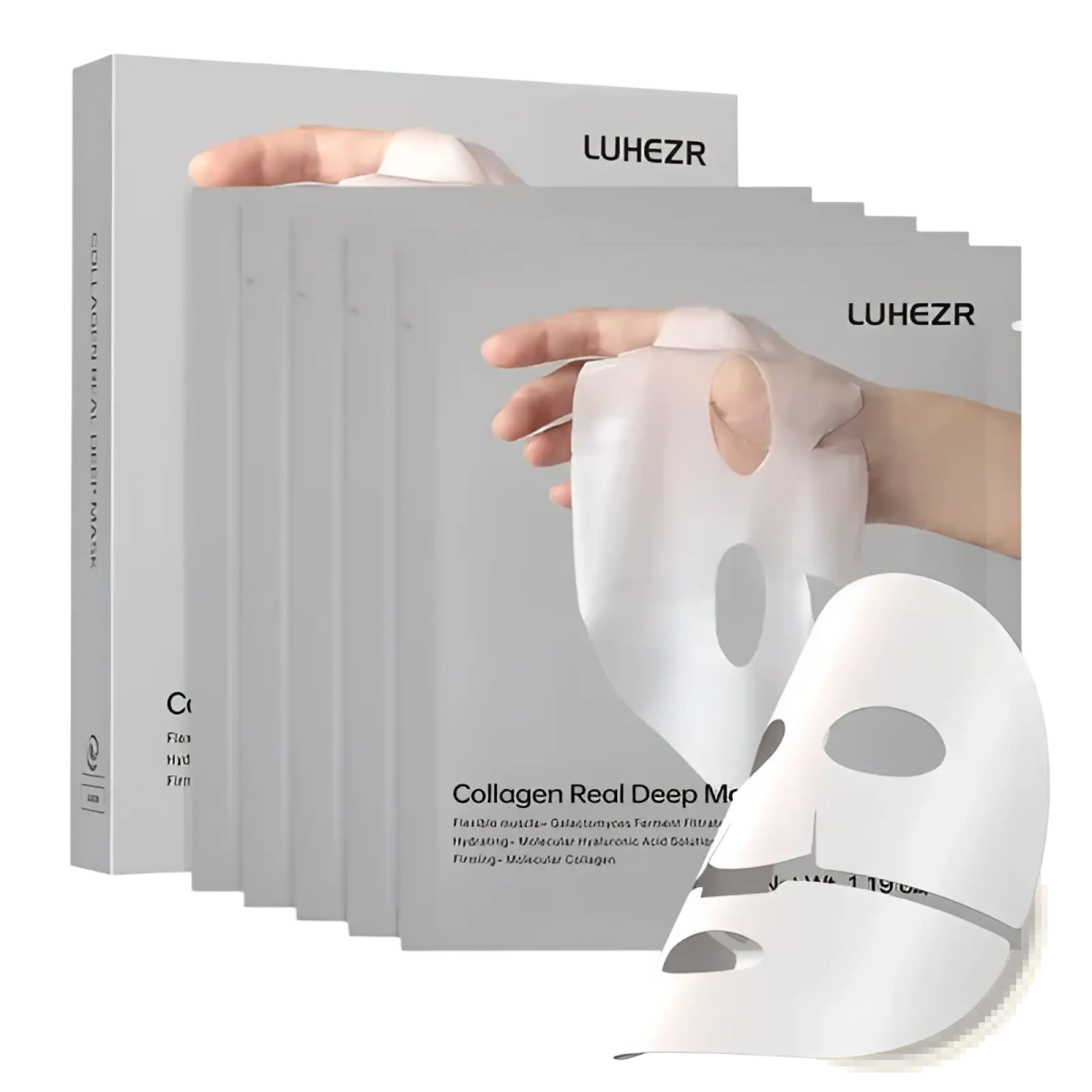 White collagen deep hydrating face mask sheets in sleek gray packaging with a single sheet for firmness and elasticity