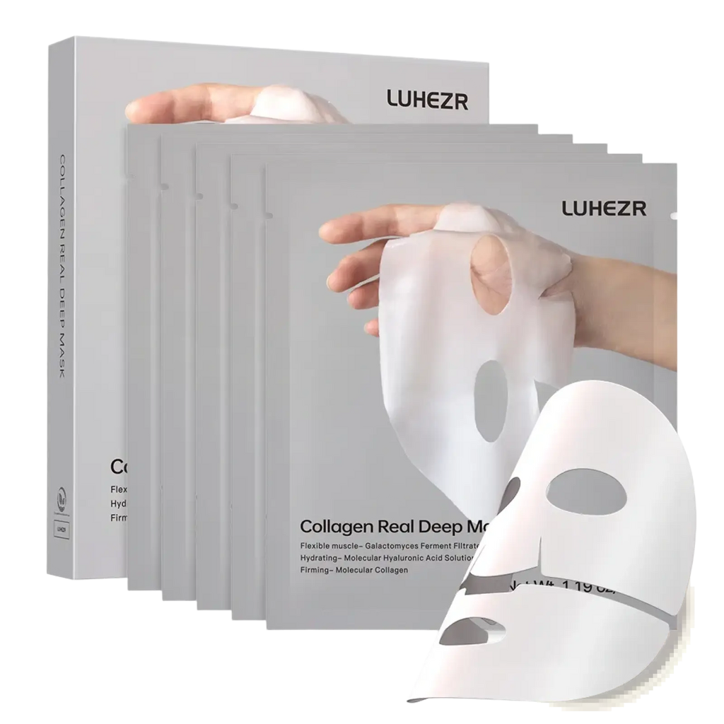 White collagen face mask sheets in sleek gray packaging with flexible breathable design for deep hydration and firmness