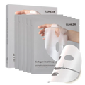 White collagen face mask sheets in sleek gray packaging with flexible breathable design for deep hydration and firmness