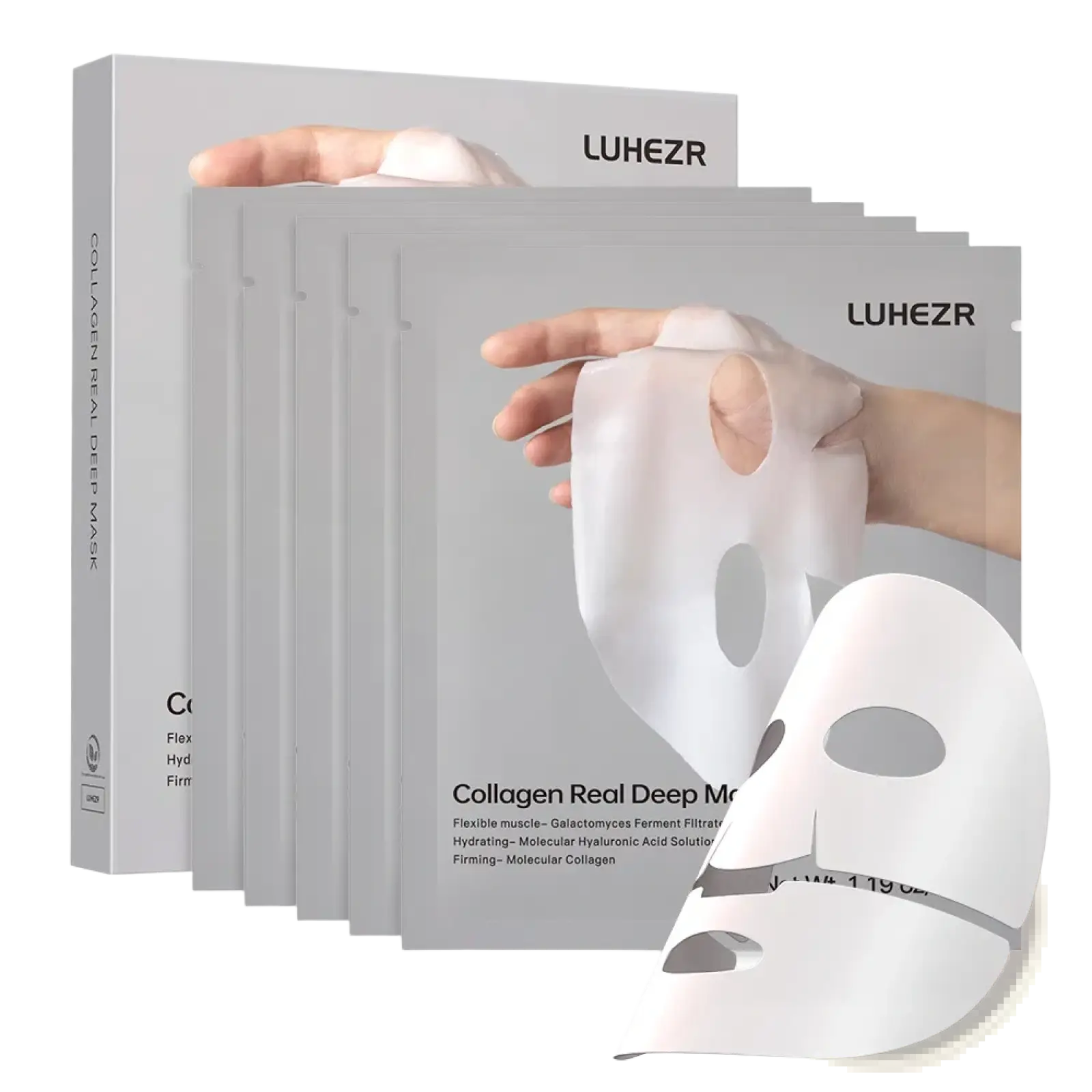 White collagen face mask sheets in sleek gray packaging with flexible breathable design for deep hydration and firmness