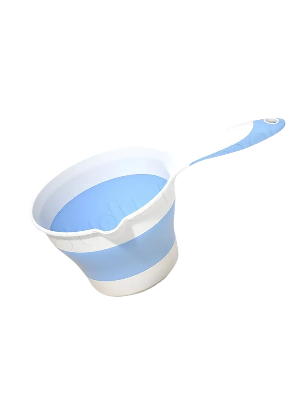 Collapsible baby bath rinsing cup with blue and white stripes made of silicone and a matching handle