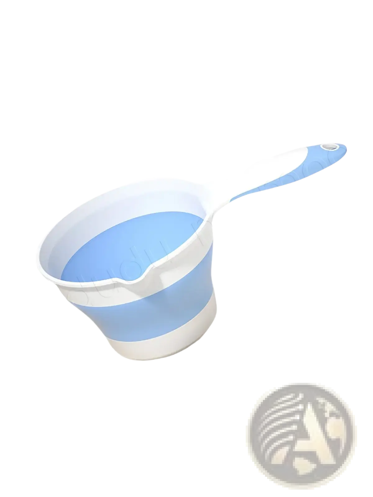 Collapsible baby bath rinsing cup with blue and white stripes made of silicone and a matching handle