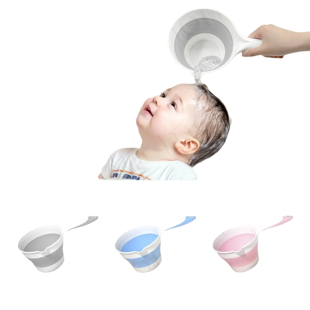 Collapsible baby bath rinsing cup with flexible silicone body and handle in grey blue or pink for easy pouring