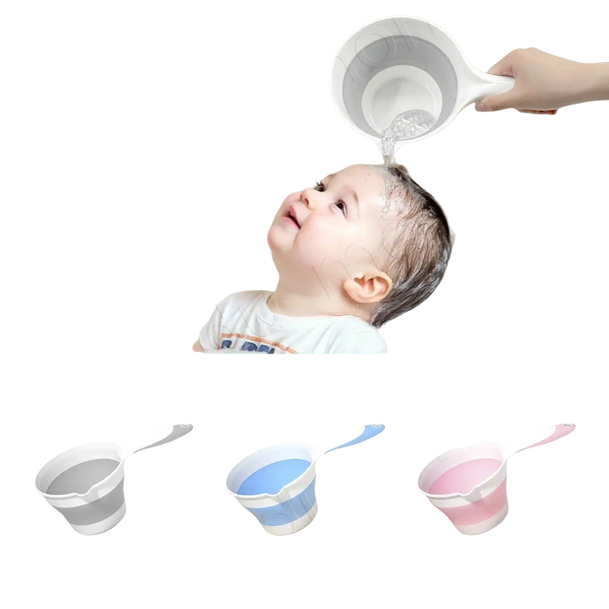 Collapsible baby bath rinsing cup with flexible silicone body and handle in grey blue or pink for easy pouring
