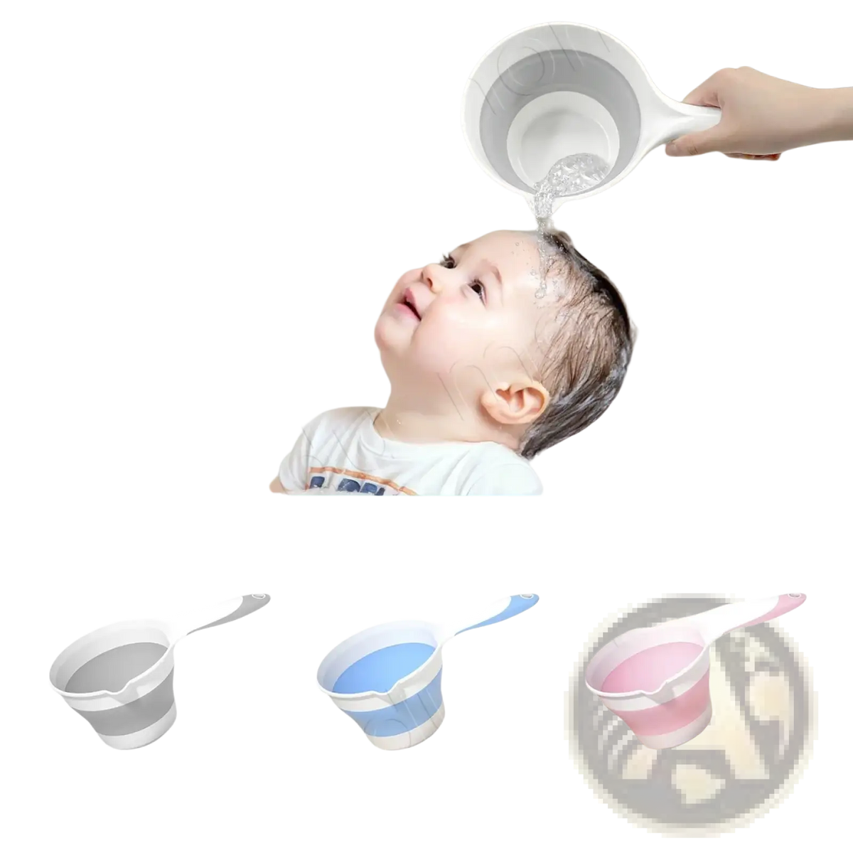 Collapsible baby bath rinsing cup with flexible silicone body and handle in grey blue or pink for easy pouring