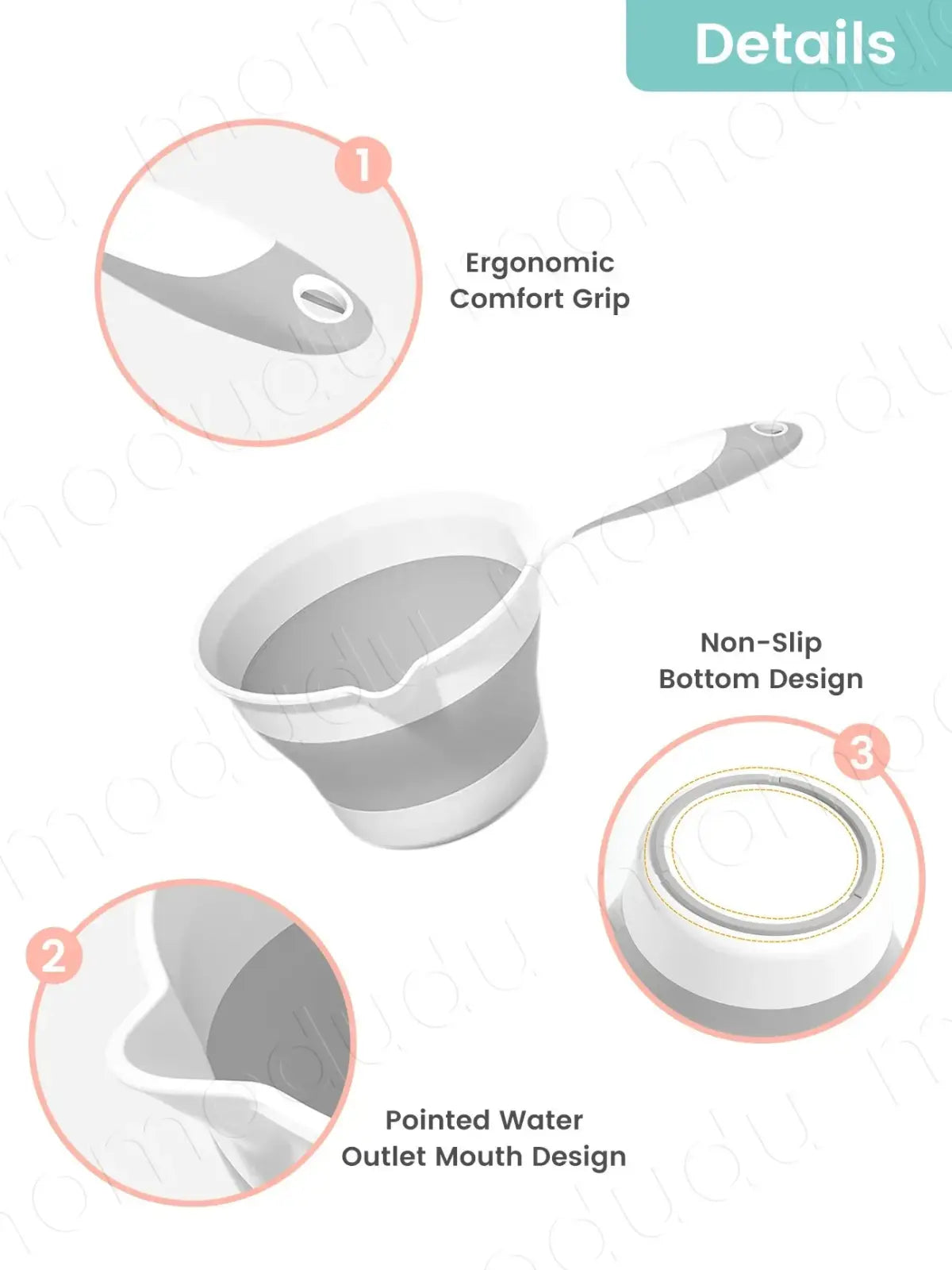 Gray and white collapsible silicone mixing bowl with ergonomic handle for baby bath rinsing cup usage