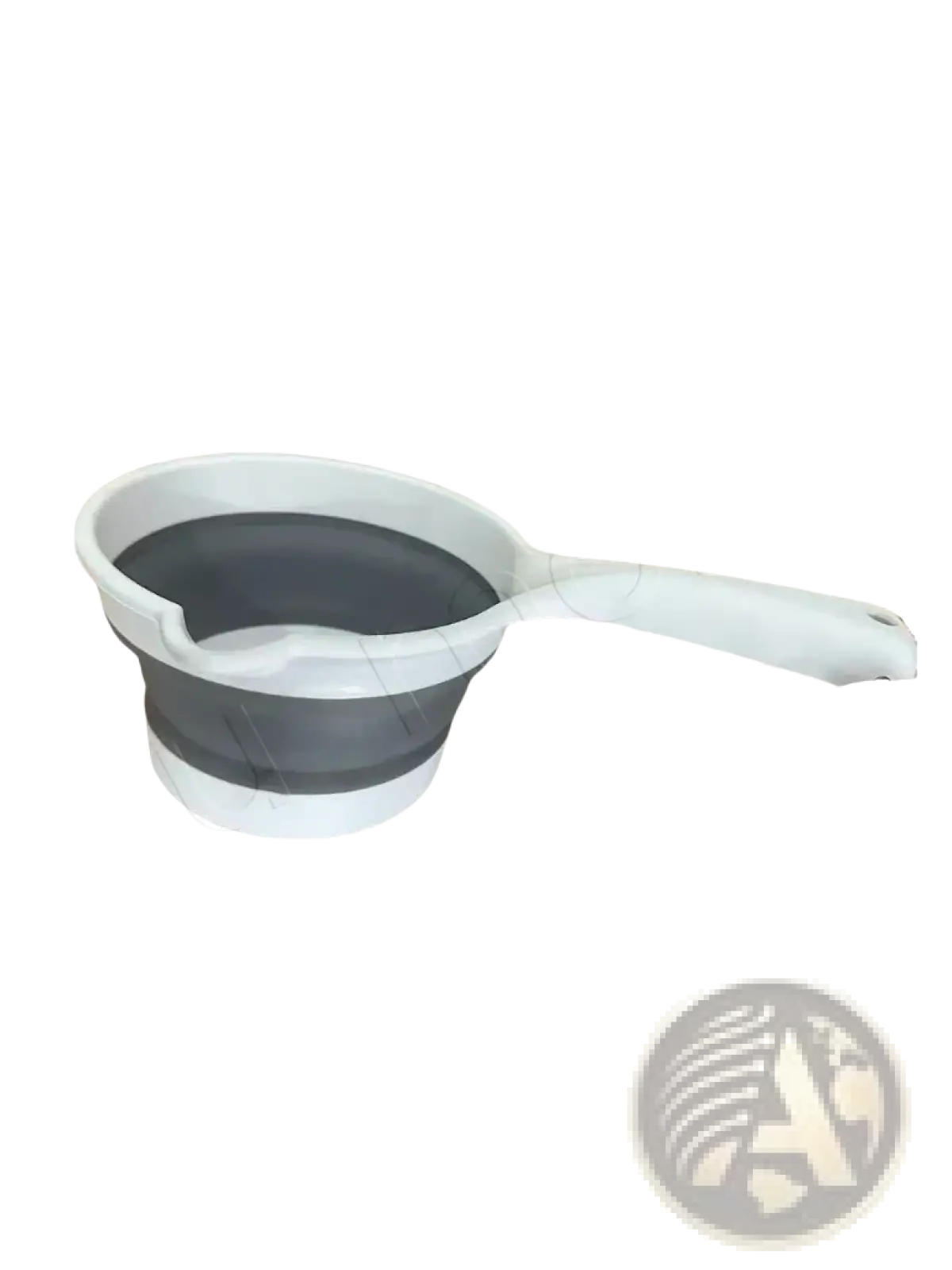 Collapsible baby bath rinsing cup in white and gray silicone with flexible foldable ladle design for easy use