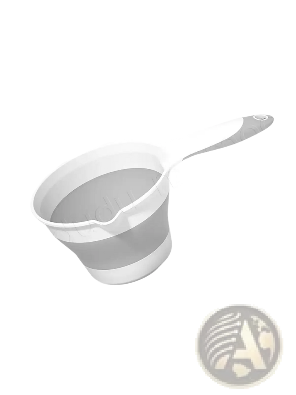 White and gray collapsible silicone measuring cup with long handle for baby bath rinsing and easy storage