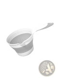 White and gray collapsible silicone measuring cup with long handle for baby bath rinsing and easy storage