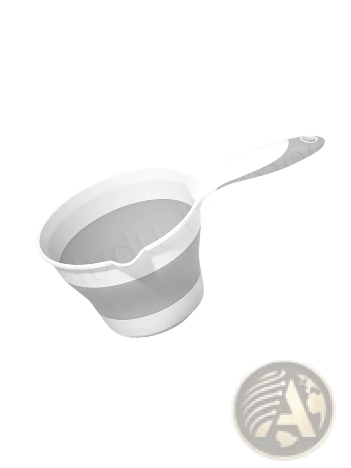 White and gray collapsible silicone measuring cup with long handle for baby bath rinsing and easy storage