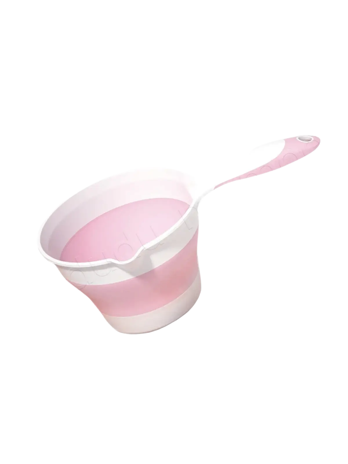 Pink and white collapsible silicone baby bath rinsing cup with matching handle for easy pouring and storage