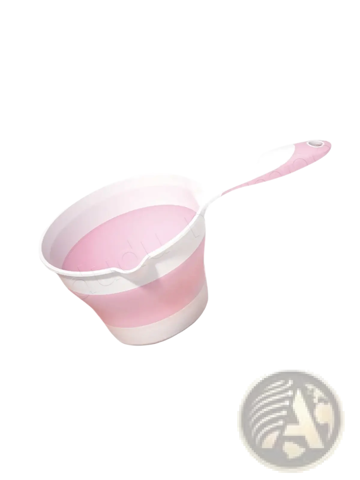 Pink and white collapsible silicone baby bath rinsing cup with matching handle for easy pouring and storage