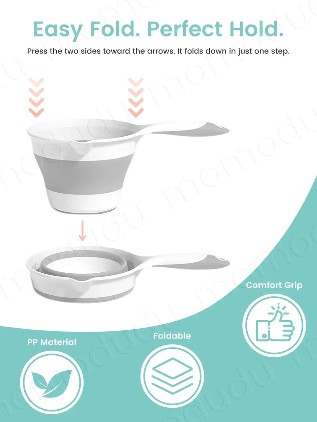 A sleek foldable silicone collapsible baby bath rinsing cup with white and gray striped design