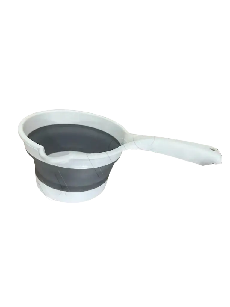 Collapsible baby bath rinsing cup in white and gray silicone with flexible foldable ladle design for easy use