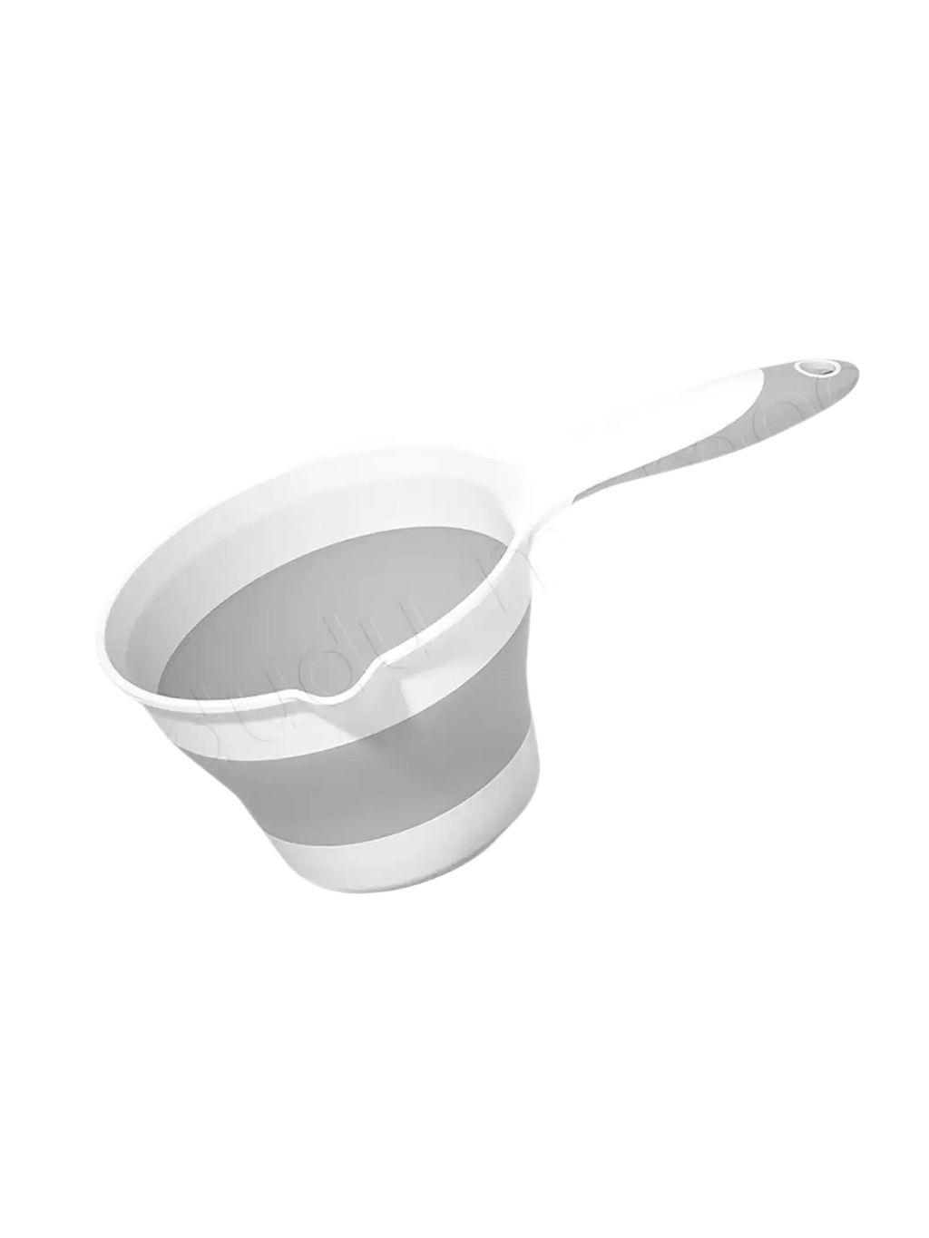 White and gray collapsible silicone measuring cup with long handle for baby bath rinsing and easy storage