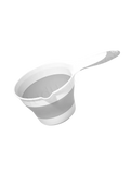 White and gray collapsible silicone measuring cup with long handle for baby bath rinsing and easy storage