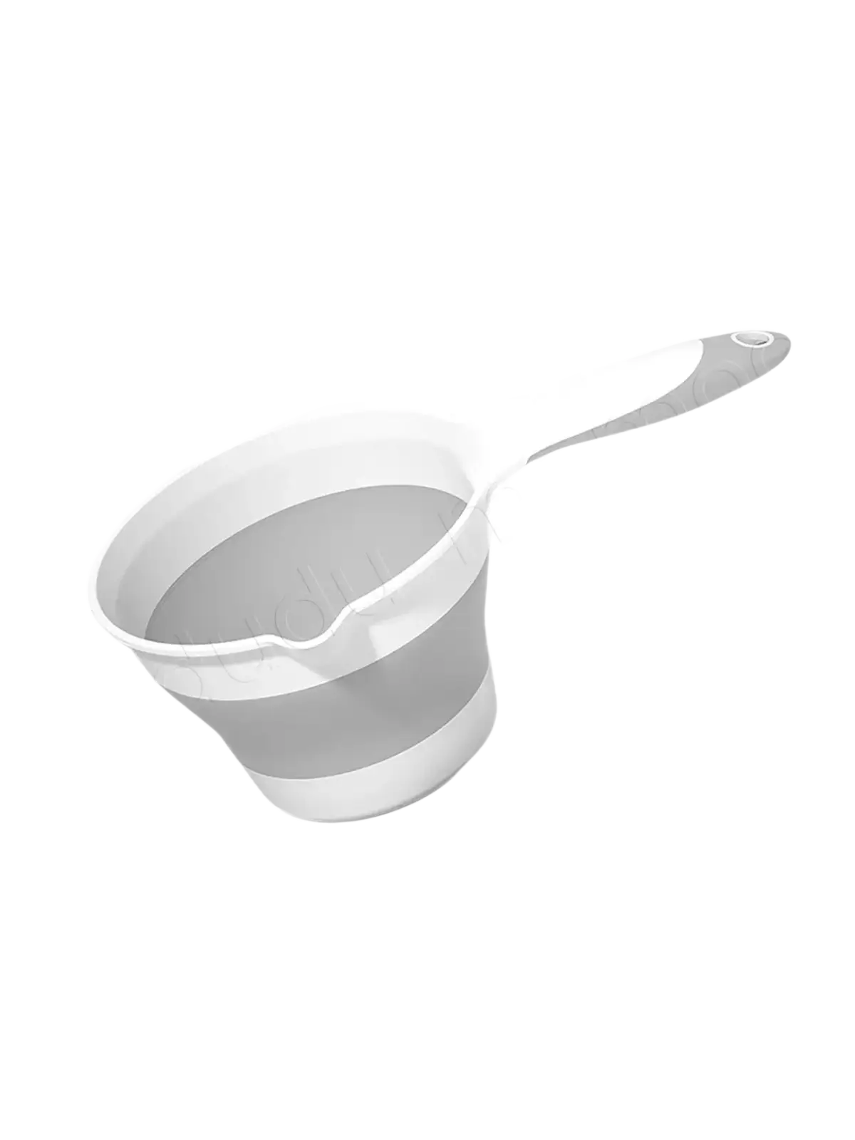 White and gray collapsible silicone measuring cup with long handle for baby bath rinsing and easy storage
