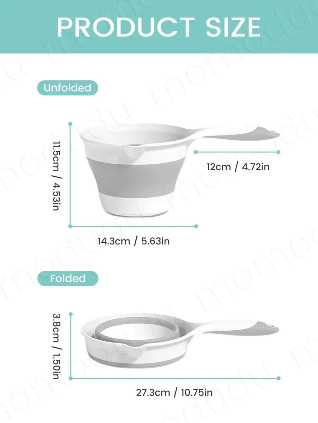 Collapsible baby bath rinsing cup in white and gray silicone with handle for easy use and storage