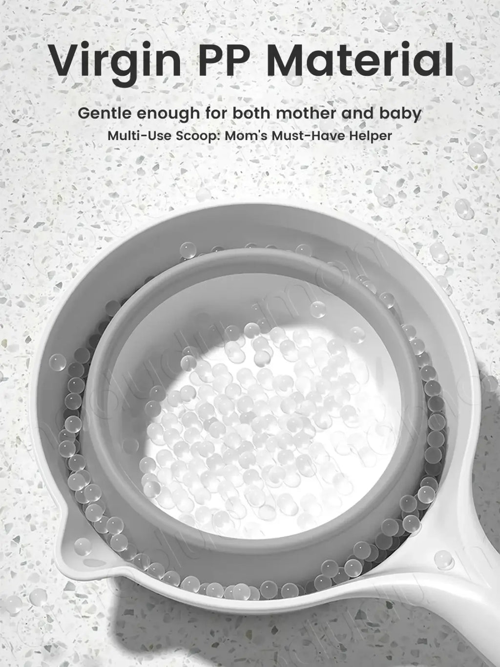 White plastic collapsible baby bath rinsing cup with multi-use strainer scoop made from virgin pp material