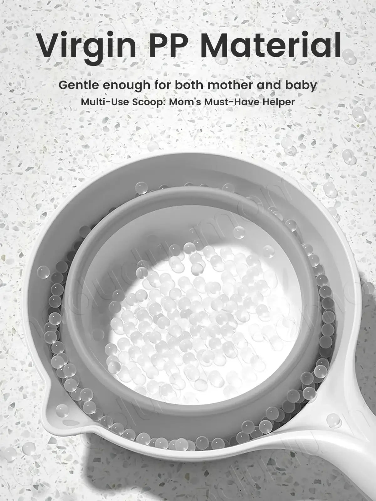 White plastic collapsible baby bath rinsing cup with multi-use strainer scoop made from virgin pp material