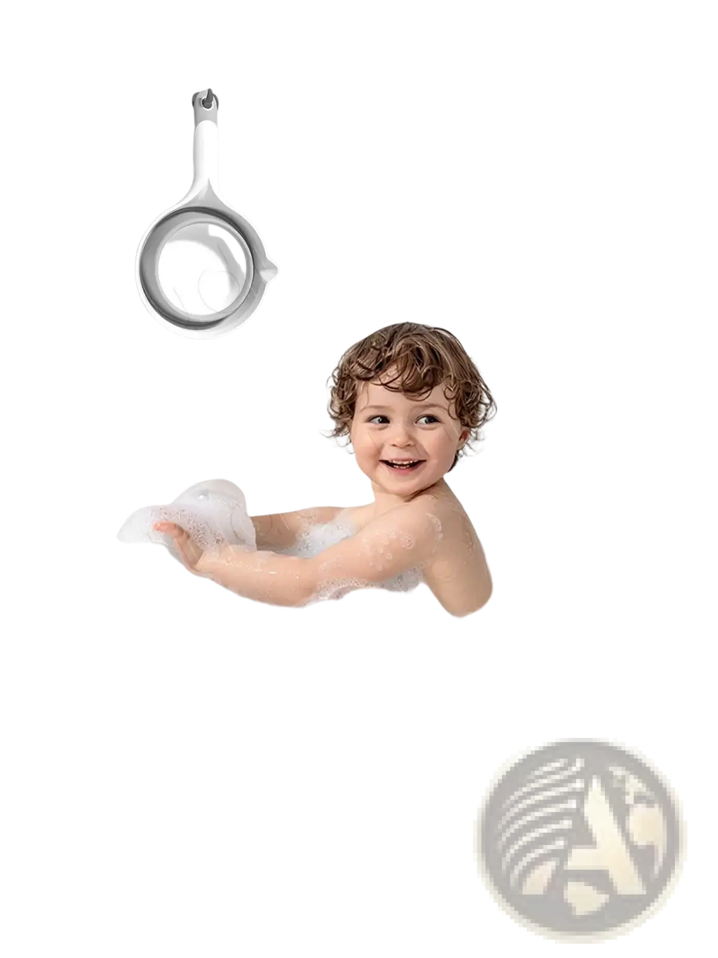 White wall-mounted strainer with circular mesh and handle designed for collapsible baby bath rinsing cup use